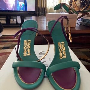 Salvatore Ferragamo Teal Green and Purple Leather Slingback Heels
